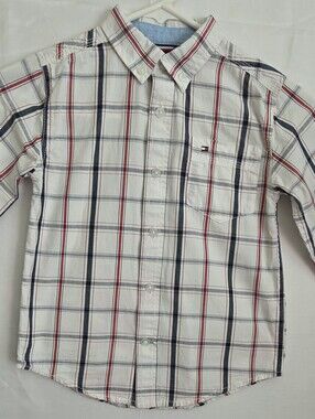 Tommy Hilfiger White Plaid Button-Down Shirt with Navy & Red Stripes Boys 6